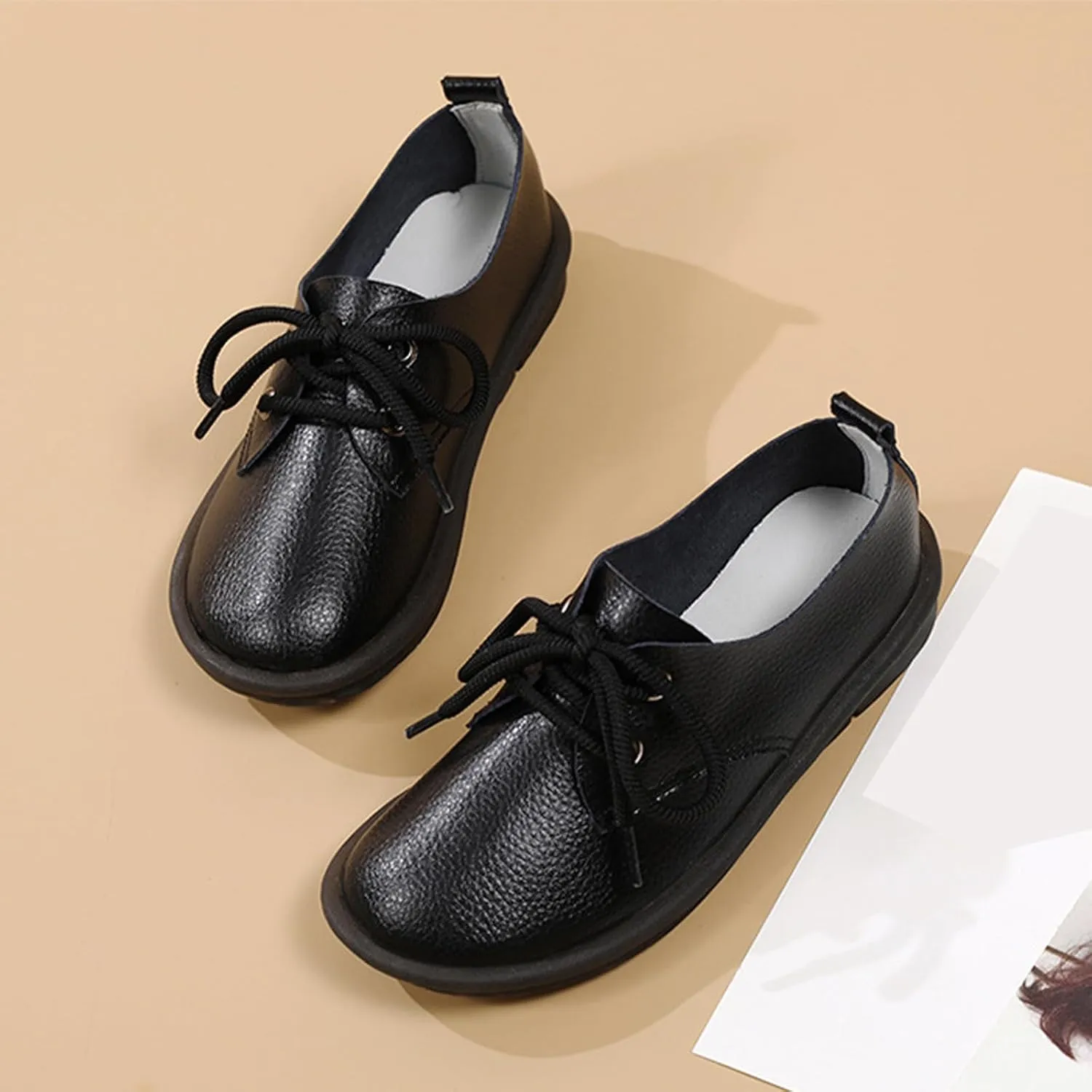 Women's Genuine Leather Lace-Up Soft Sole Flat Fashion Round Toe Handmade Lightweight Slip-On Flat Walking Shoes for Office Work