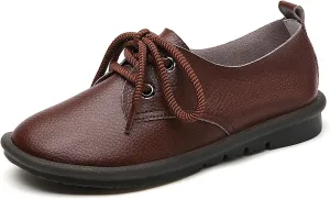 Women's Genuine Leather Lace-Up Soft Sole Flat Fashion Round Toe Handmade Lightweight Slip-On Flat Walking Shoes for Office Work