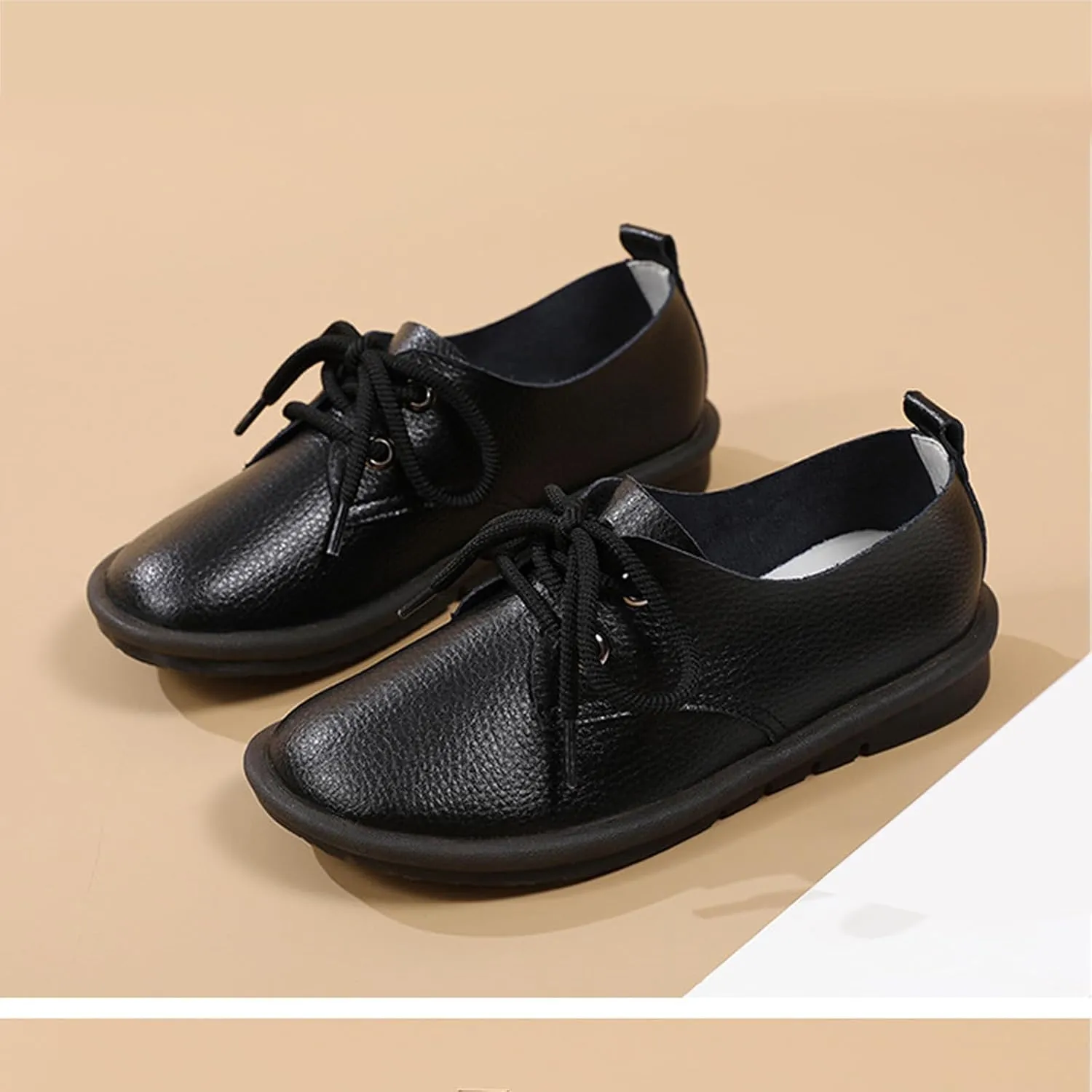 Women's Genuine Leather Lace-Up Soft Sole Flat Fashion Round Toe Handmade Lightweight Slip-On Flat Walking Shoes for Office Work