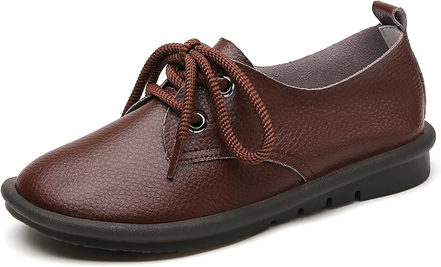 Women's Genuine Leather Lace-Up Soft Sole Flat Fashion Round Toe Handmade Lightweight Slip-On Flat Walking Shoes for Office Work