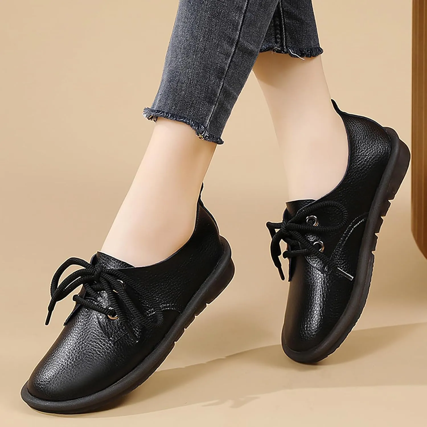 Women's Genuine Leather Lace-Up Soft Sole Flat Fashion Round Toe Handmade Lightweight Slip-On Flat Walking Shoes for Office Work