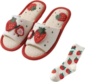 Women's Girls Strawberry Slippers Linen Cotton Slippers Cute Breathable Home Slippers Floor Non-Slip Slides For Bedroom Room