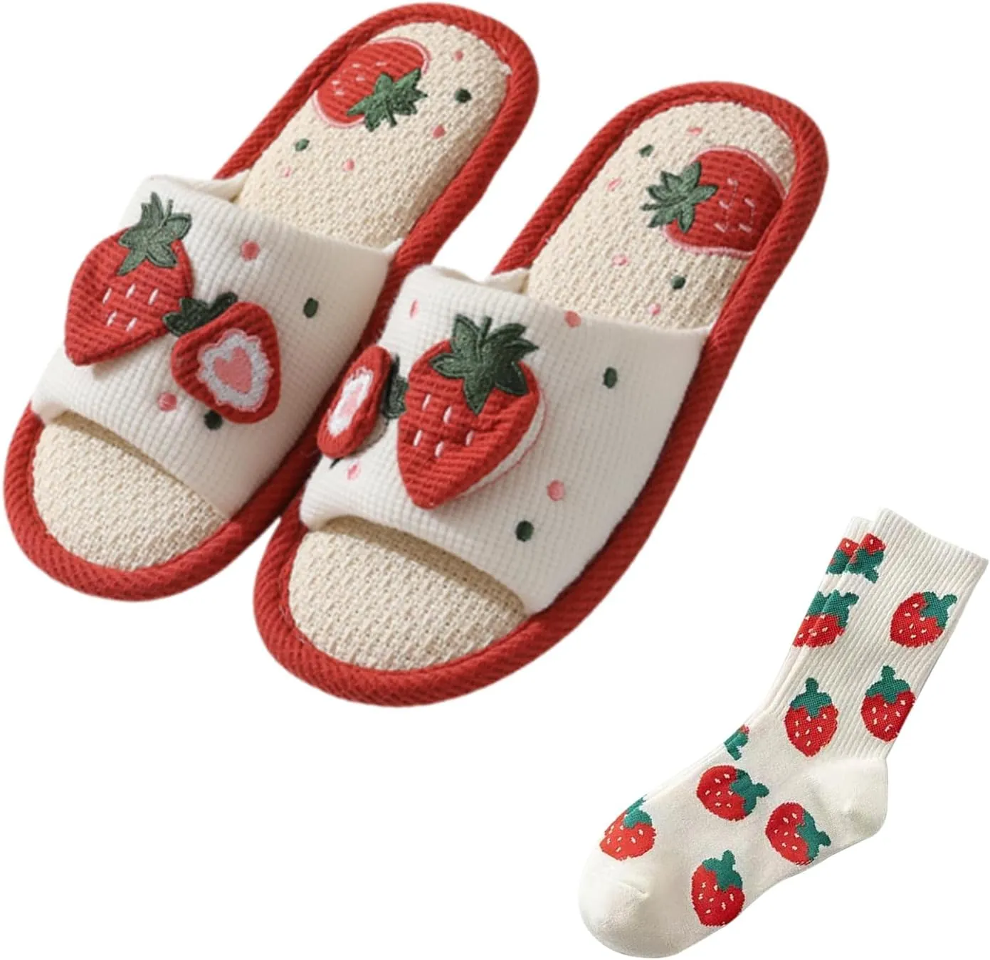 Women's Girls Strawberry Slippers Linen Cotton Slippers Cute Breathable Home Slippers Floor Non-Slip Slides For Bedroom Room