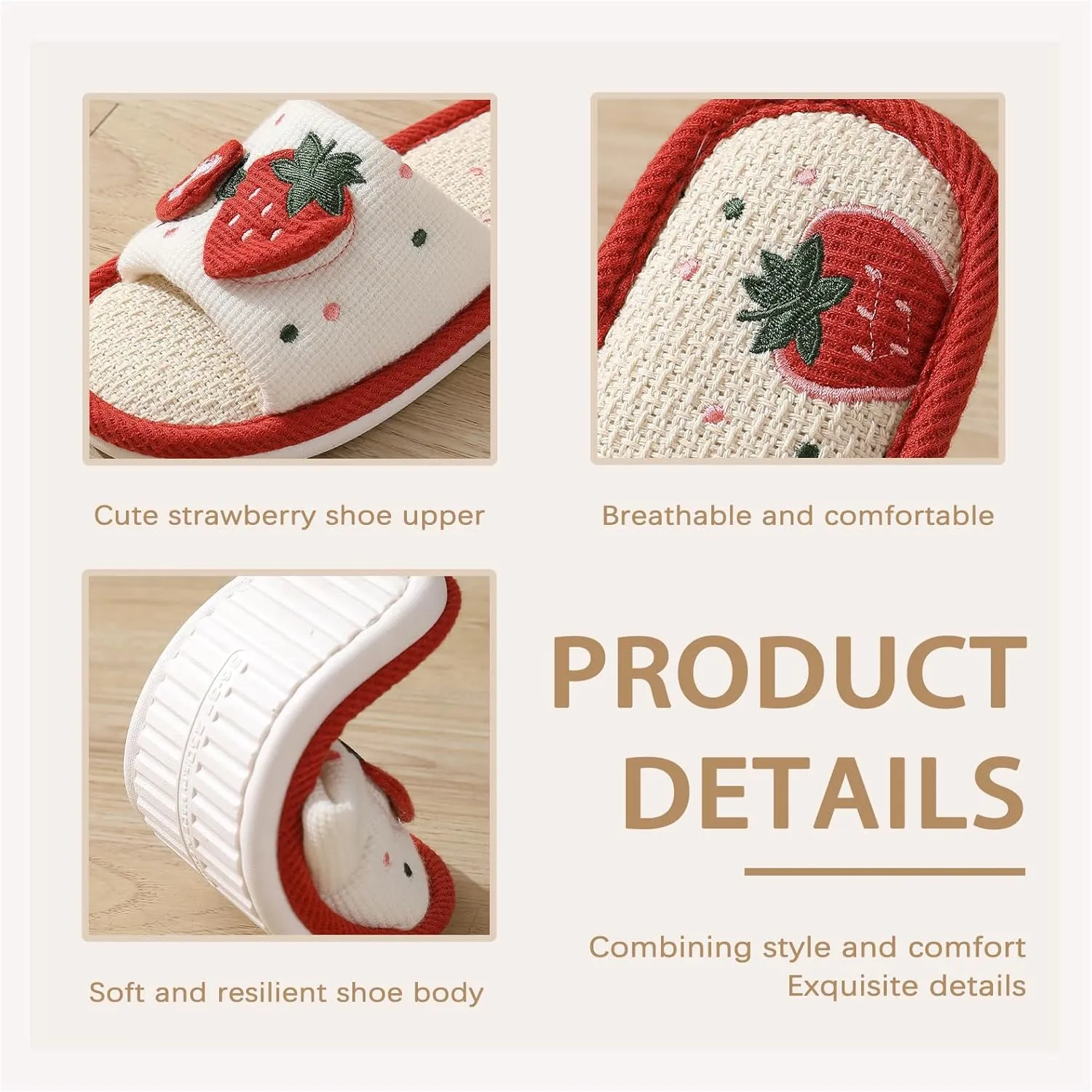 Women's Girls Strawberry Slippers Linen Cotton Slippers Cute Breathable Home Slippers Floor Non-Slip Slides For Bedroom Room