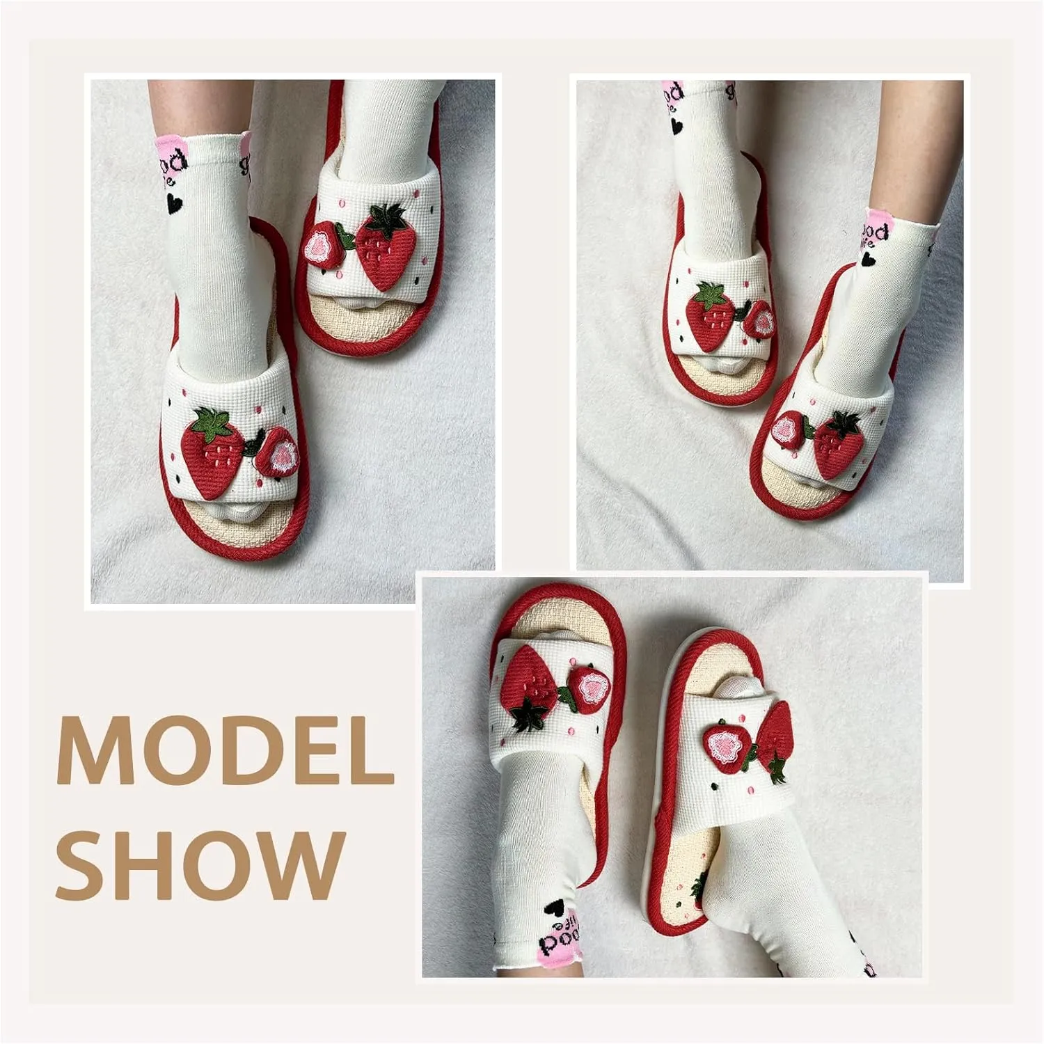 Women's Girls Strawberry Slippers Linen Cotton Slippers Cute Breathable Home Slippers Floor Non-Slip Slides For Bedroom Room