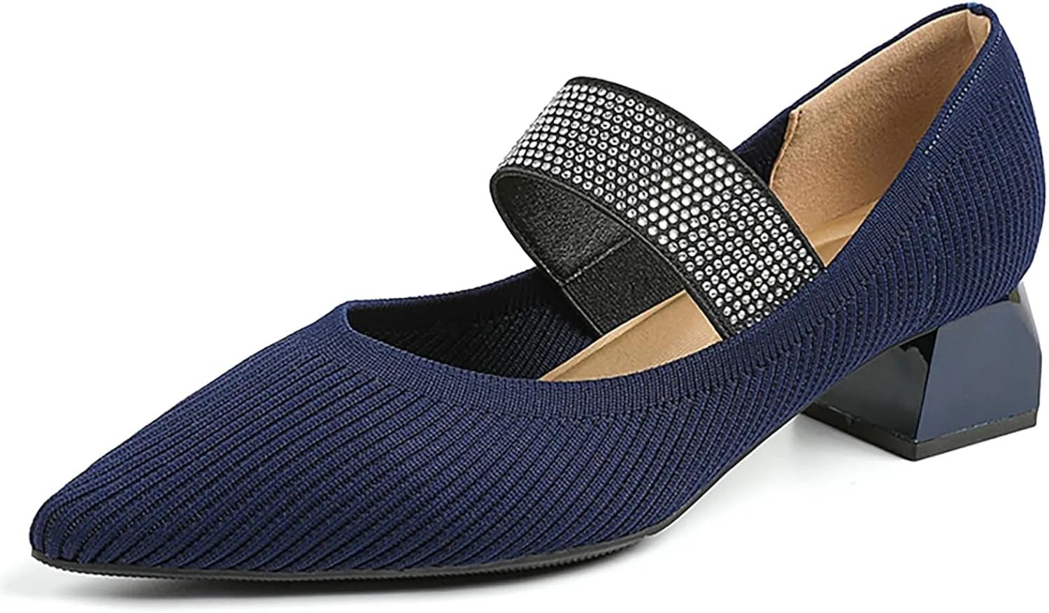 Women's Knit Stretchy Closed Pointed Toe Chunky Heel Mary Janes Fashion Comfortable Mesh Breathable Rhinestones Elastic Strap Slip-On Low Heel Dress Pumps for Work Business Leisure Walk