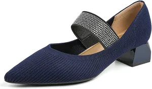Women's Knit Stretchy Closed Pointed Toe Chunky Heel Mary Janes Fashion Comfortable Mesh Breathable Rhinestones Elastic Strap Slip-On Low Heel Dress Pumps for Work Business Leisure Walk