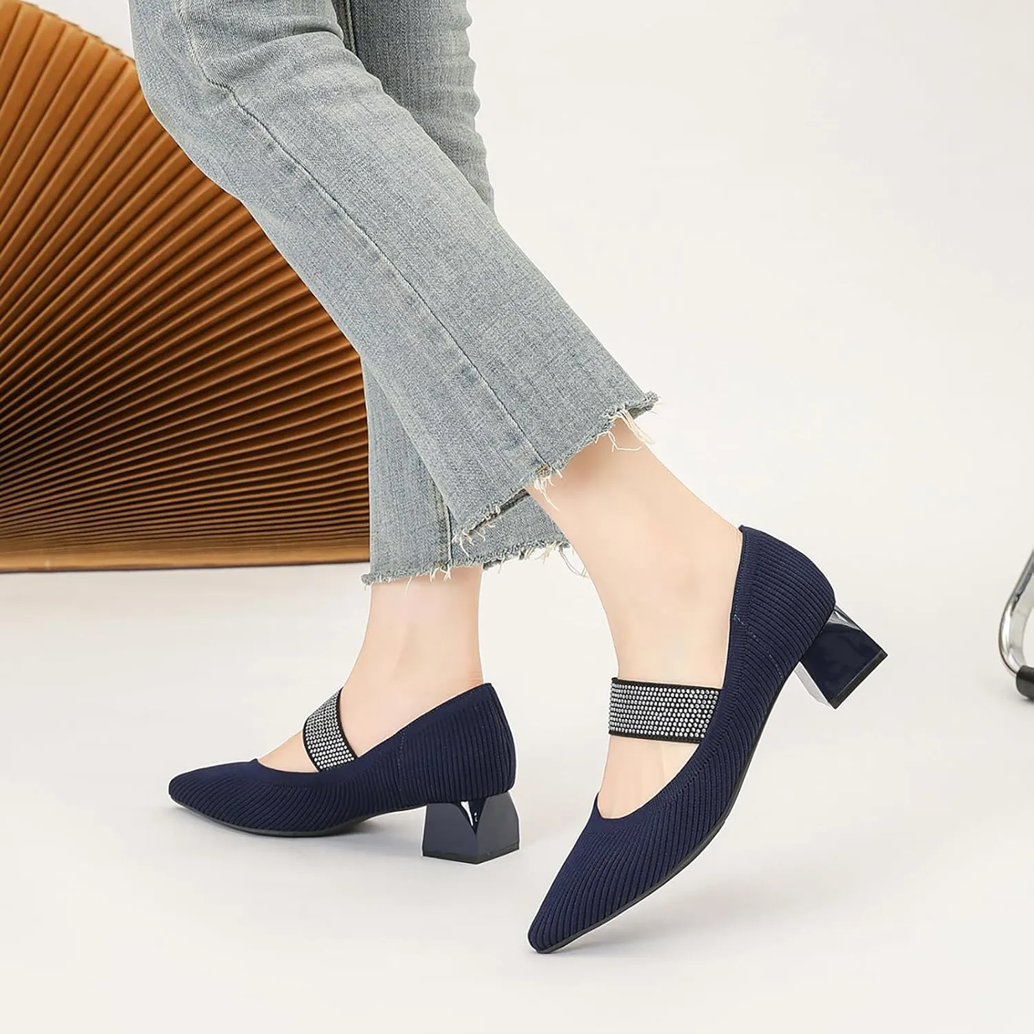 Women's Knit Stretchy Closed Pointed Toe Chunky Heel Mary Janes Fashion Comfortable Mesh Breathable Rhinestones Elastic Strap Slip-On Low Heel Dress Pumps for Work Business Leisure Walk