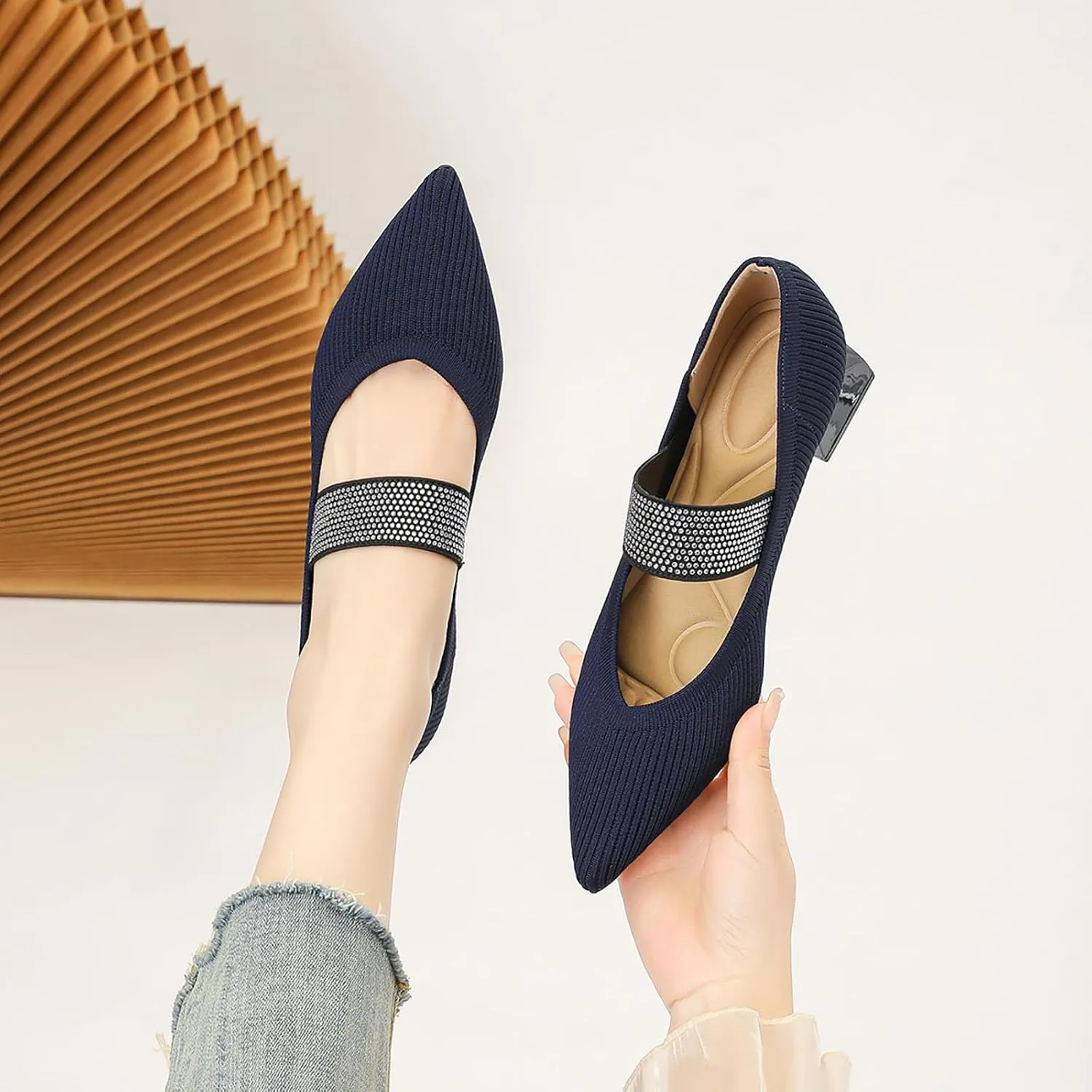 Women's Knit Stretchy Closed Pointed Toe Chunky Heel Mary Janes Fashion Comfortable Mesh Breathable Rhinestones Elastic Strap Slip-On Low Heel Dress Pumps for Work Business Leisure Walk