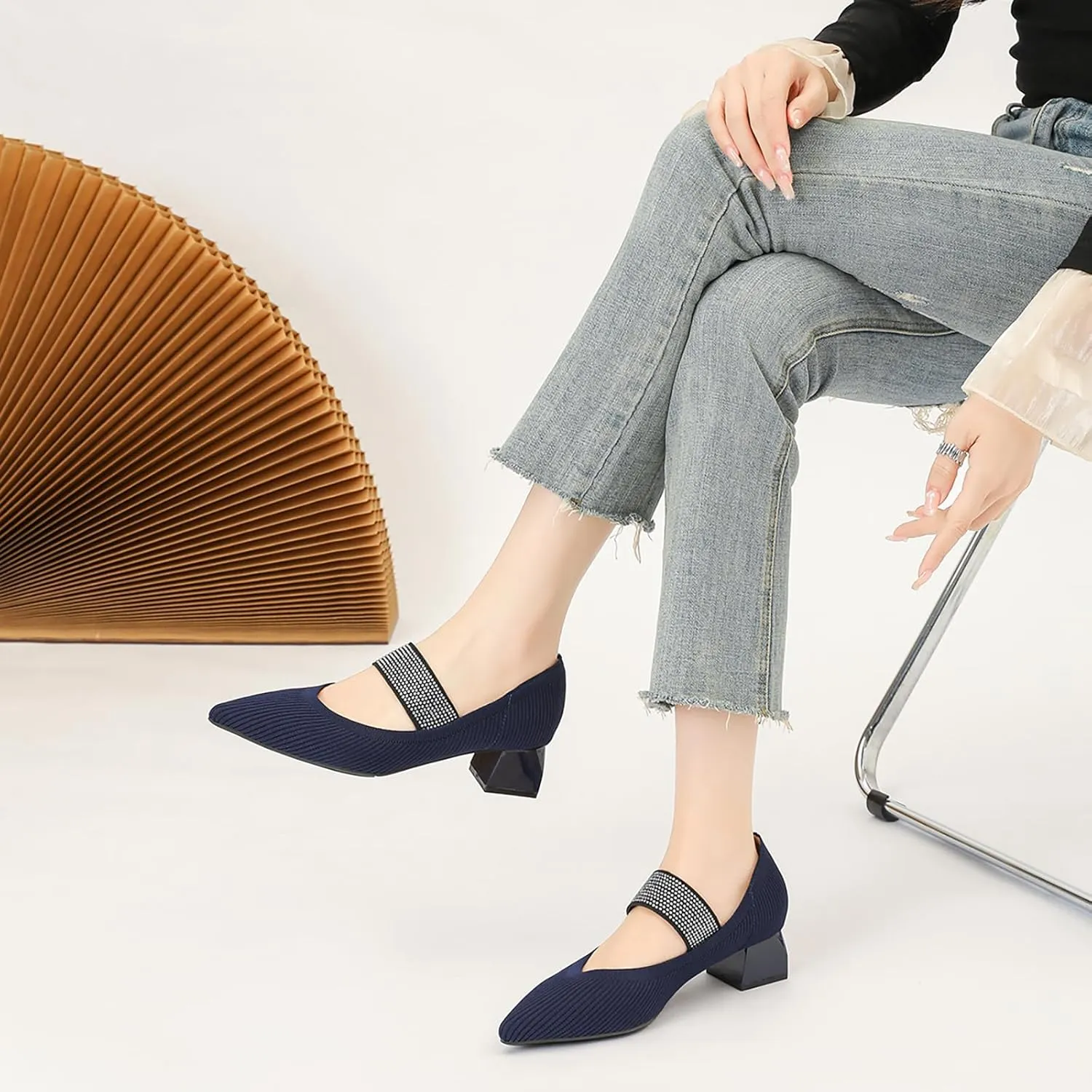 Women's Knit Stretchy Closed Pointed Toe Chunky Heel Mary Janes Fashion Comfortable Mesh Breathable Rhinestones Elastic Strap Slip-On Low Heel Dress Pumps for Work Business Leisure Walk