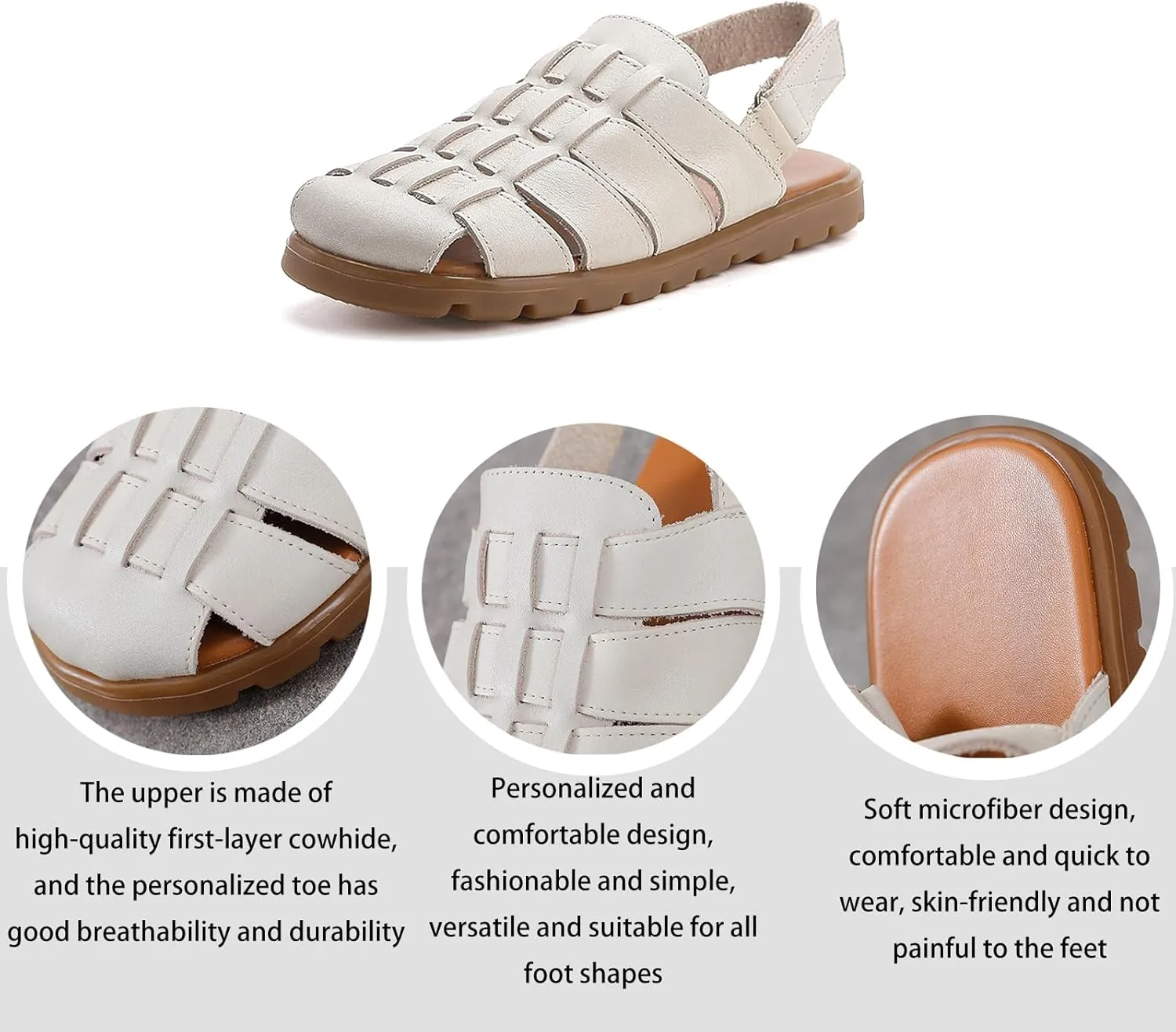 Women's Leather Woven Flat Slingback Fisherman Sandals with Hook and Loop Retro Comfortable Closed Round Toe Hollow Breathable Non-Slip Roman Walking Sandals for Work Outdoor
