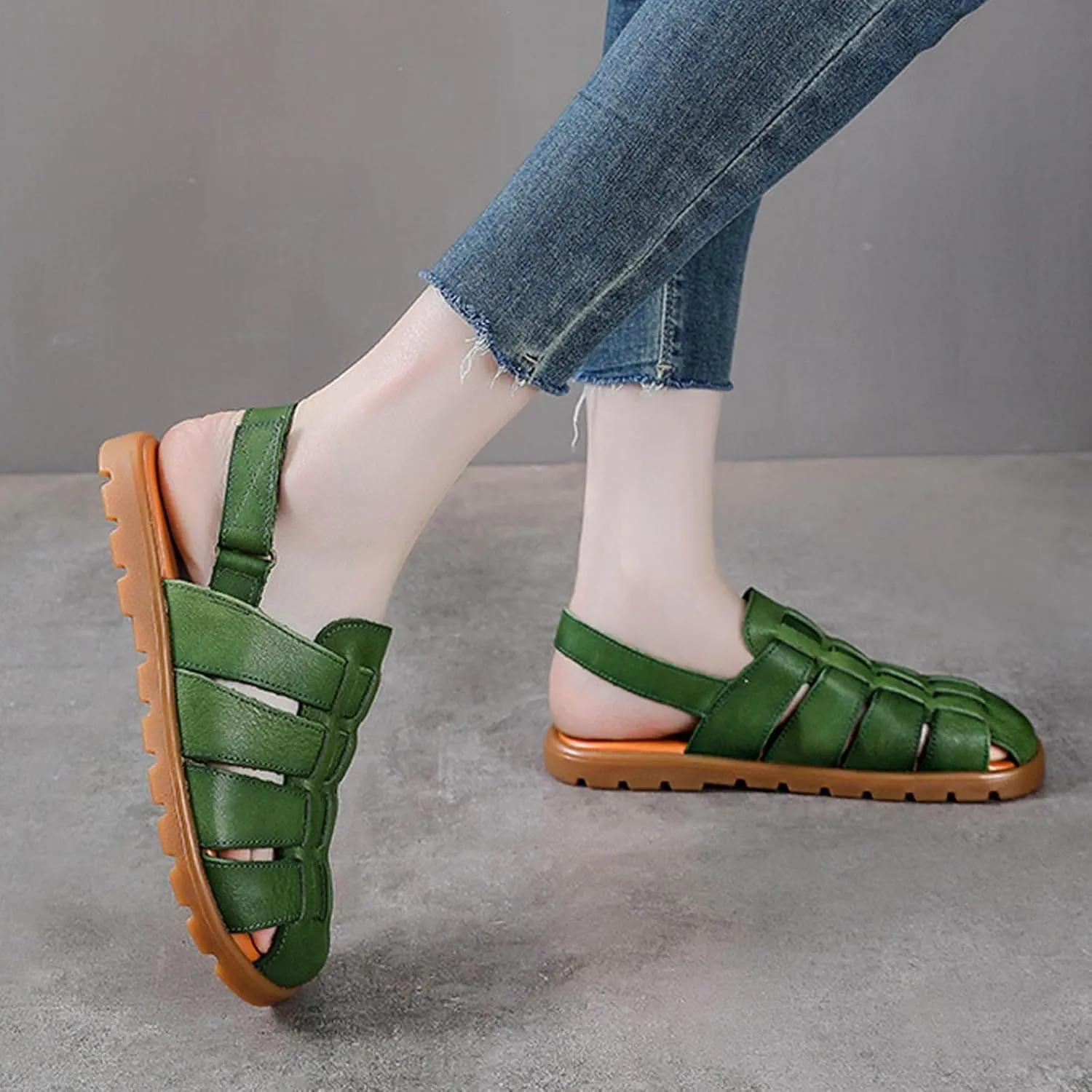Women's Leather Woven Flat Slingback Fisherman Sandals with Hook and Loop Retro Comfortable Closed Round Toe Hollow Breathable Non-Slip Roman Walking Sandals for Work Outdoor