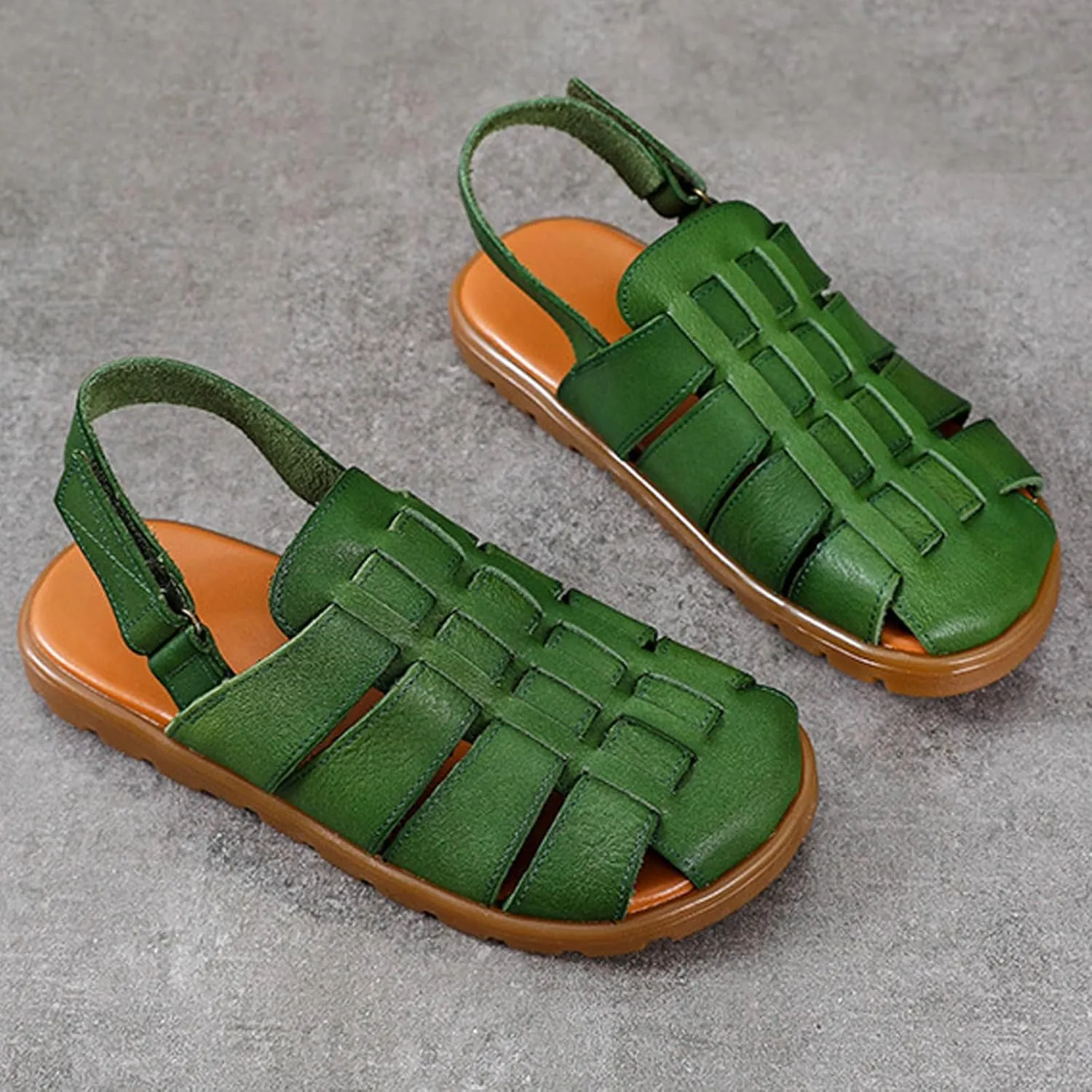 Women's Leather Woven Flat Slingback Fisherman Sandals with Hook and Loop Retro Comfortable Closed Round Toe Hollow Breathable Non-Slip Roman Walking Sandals for Work Outdoor