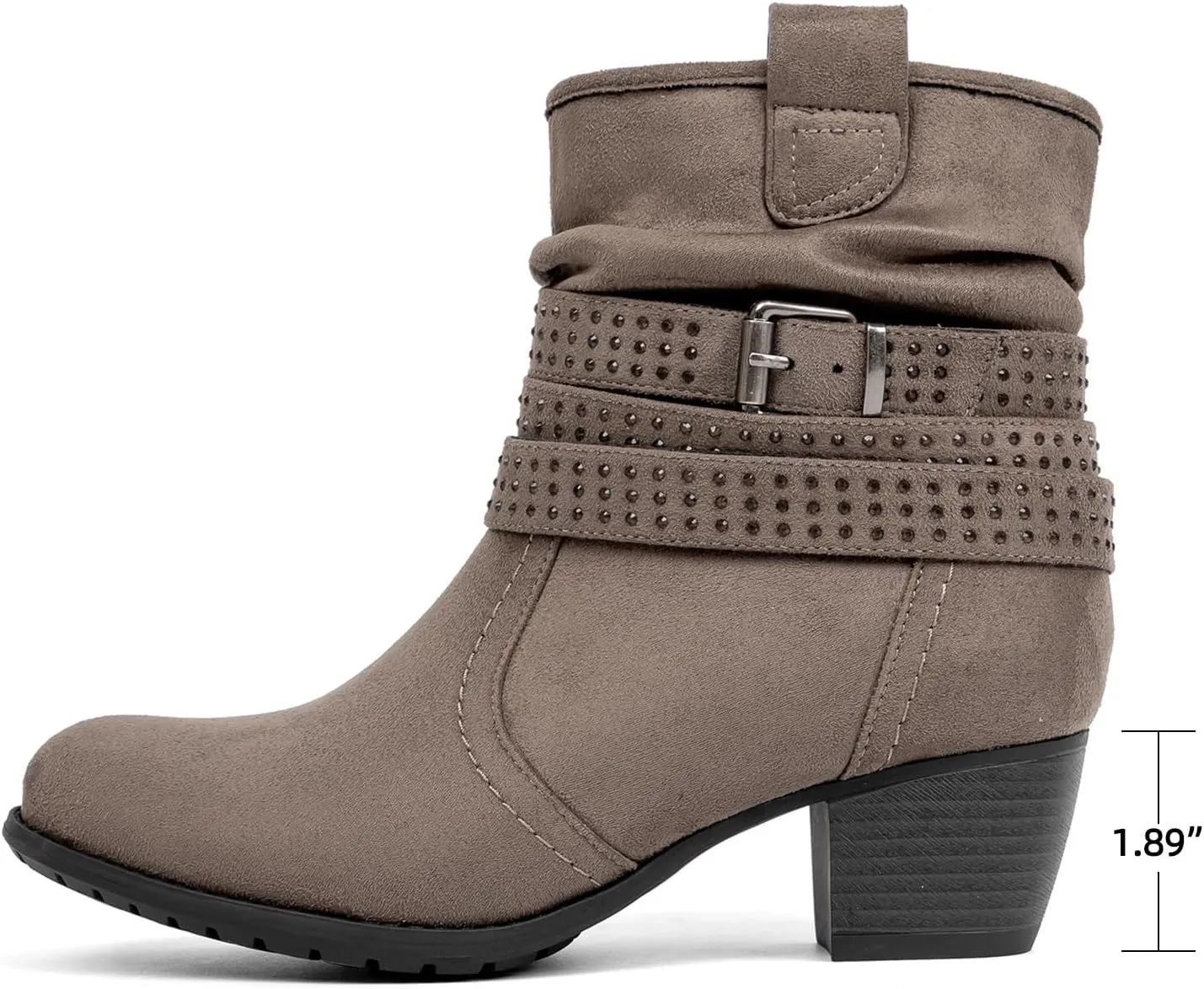 Women's Mid Calf Boots,Round Toe Comfort Low Heel Slouchy Dress zip booties with Jeweled strap