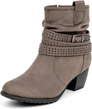 Women's Mid Calf Boots,Round Toe Comfort Low Heel Slouchy Dress zip booties with Jeweled strap
