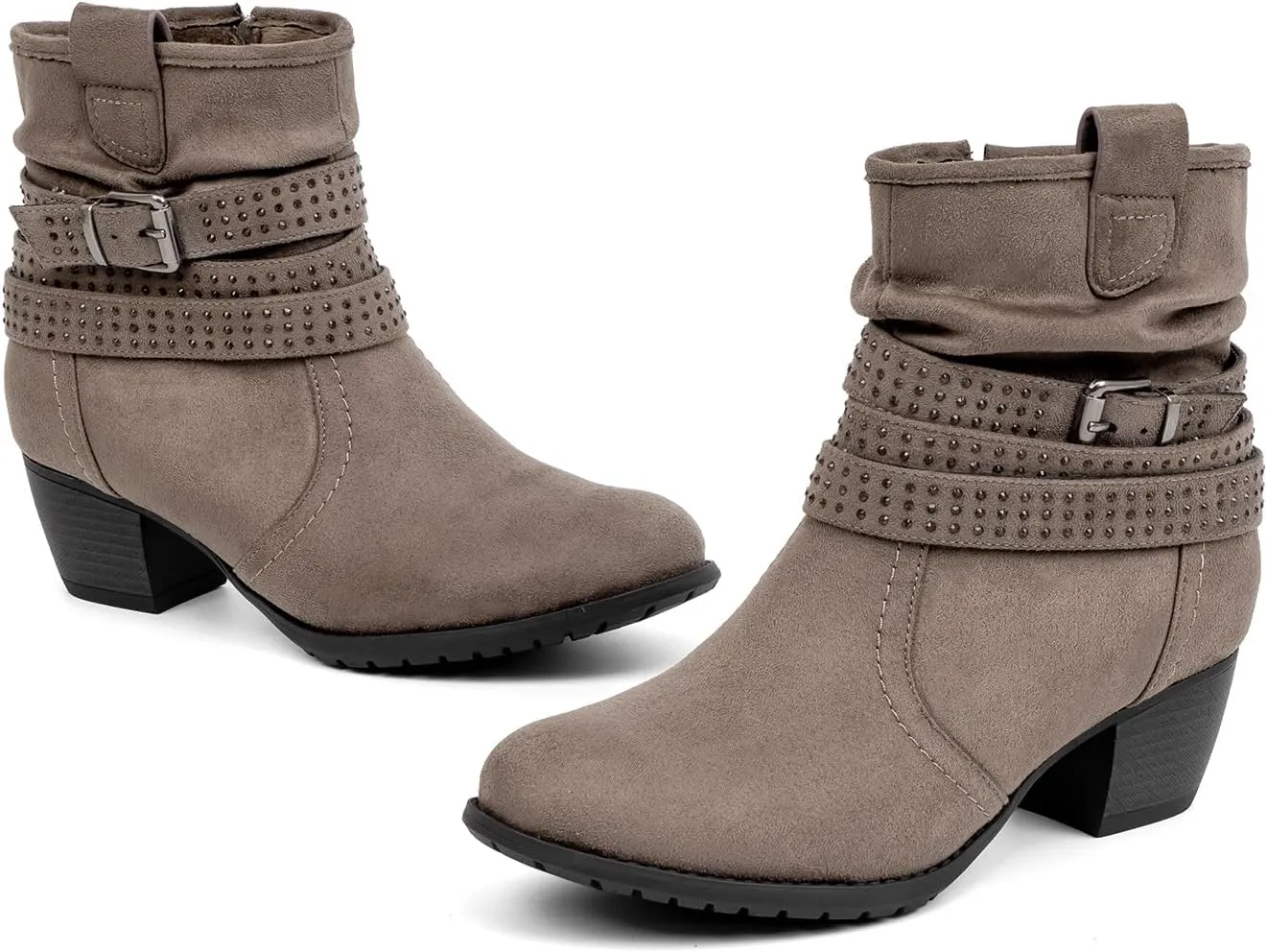 Women's Mid Calf Boots,Round Toe Comfort Low Heel Slouchy Dress zip booties with Jeweled strap