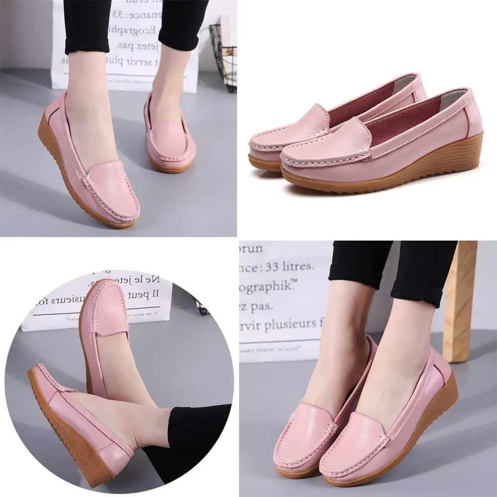 Women's Non Slip Nursing Shoes Leather Comfortable Slip on Flat Shoes Loafers for Restaurant Work