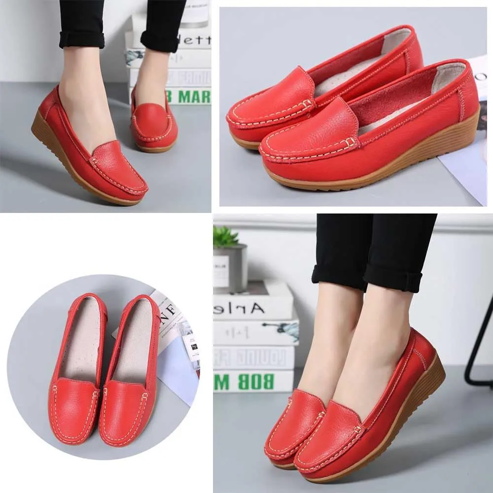 Women's Non Slip Nursing Shoes Leather Comfortable Slip on Flat Shoes Loafers for Restaurant Work