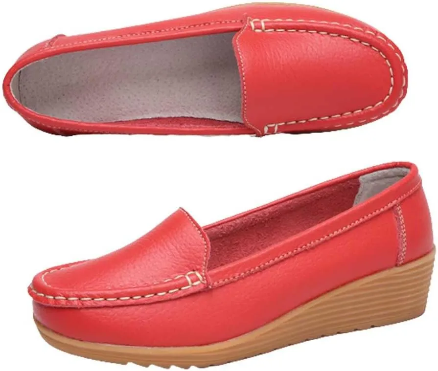 Women's Non Slip Nursing Shoes Leather Comfortable Slip on Flat Shoes Loafers for Restaurant Work