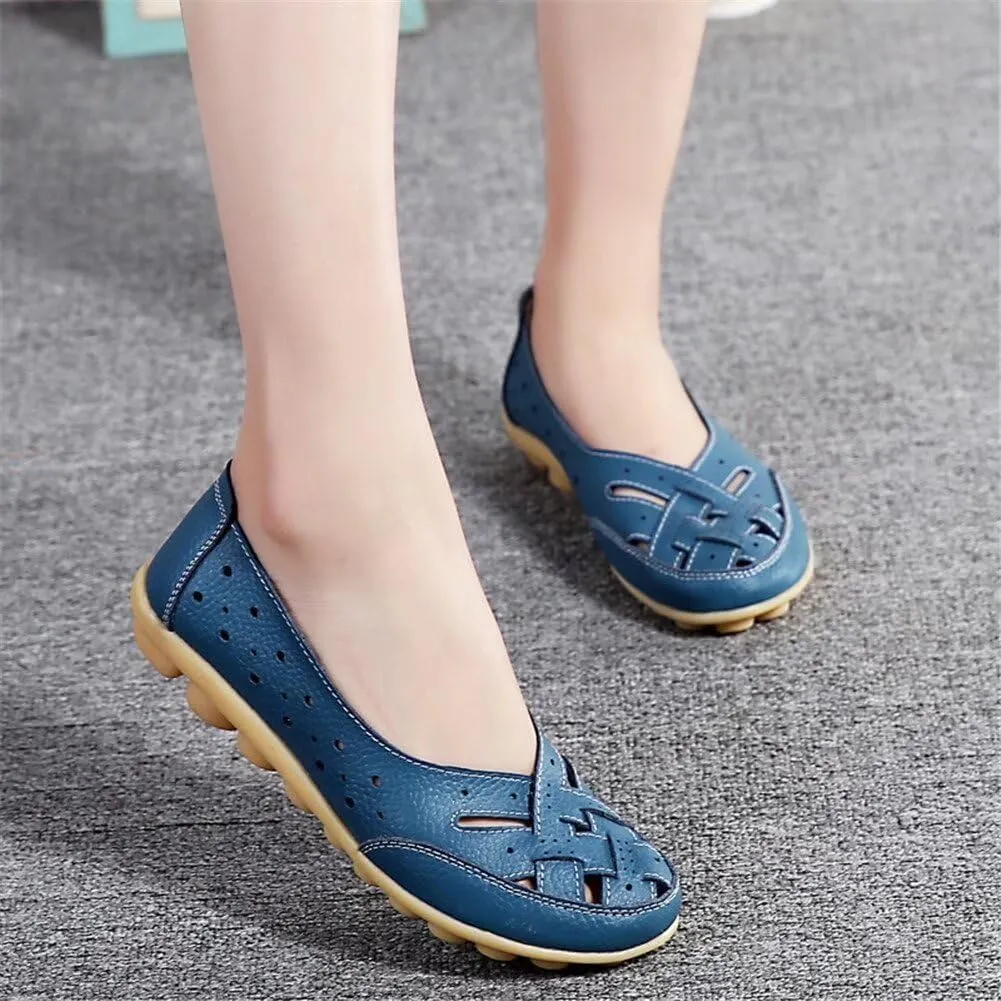 Womens Orthopedic Loafers in Breathable Leather Comfortable Hollow Soft Flats Sandals Summer Casual Slip-On Shoes