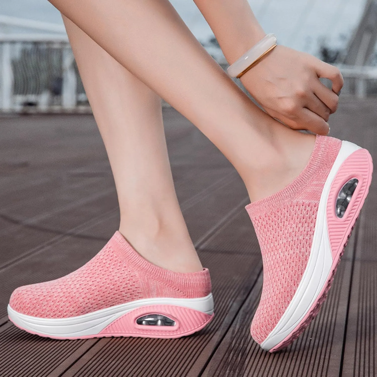 Women's Orthopedic Mule Clogs Closed Round Toe Stretch Knitted Platform Comfortable Breathable Air Cushion Walking Sliipers Open Back Wedge Heel Casual Mules Sneaker with Arch Support