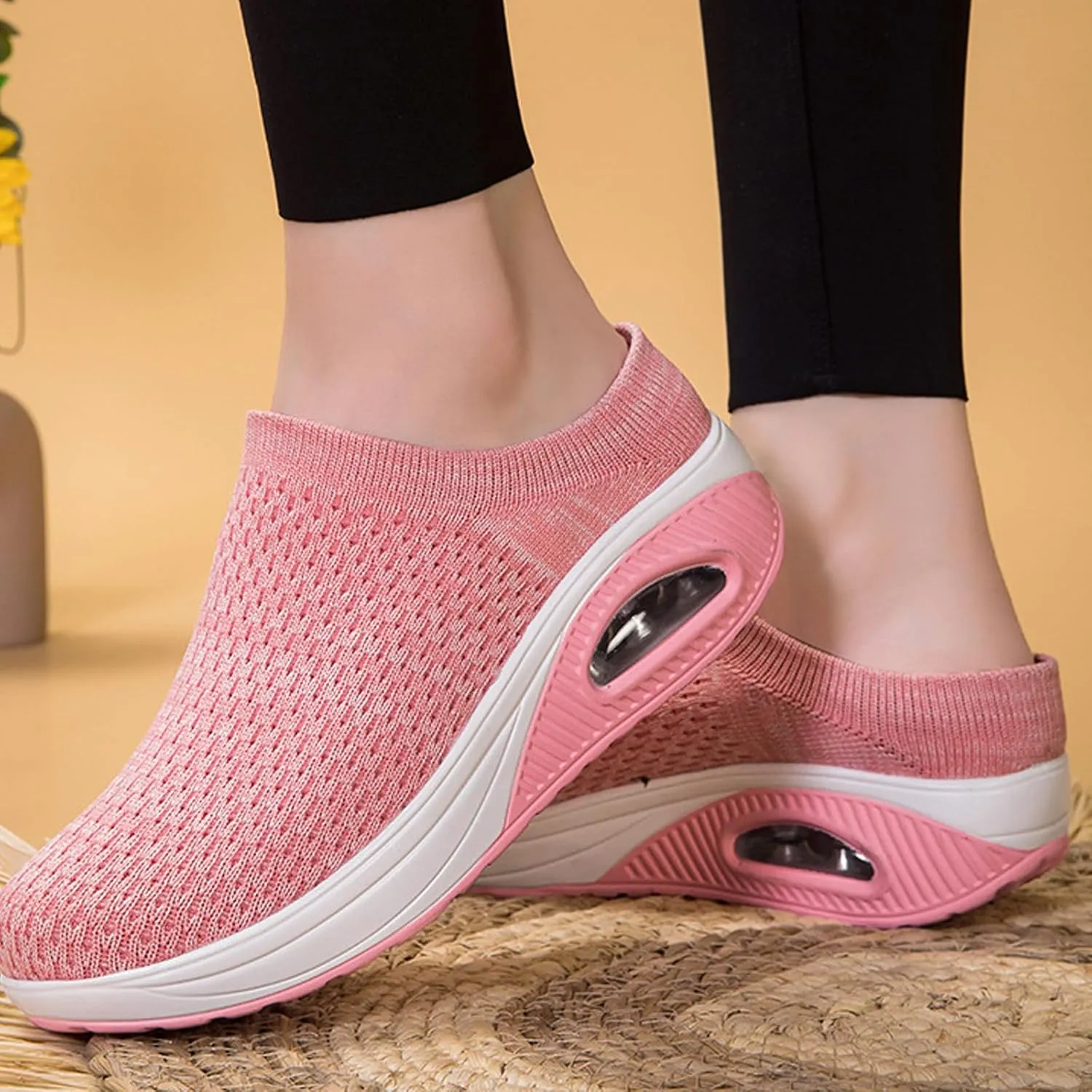 Women's Orthopedic Mule Clogs Closed Round Toe Stretch Knitted Platform Comfortable Breathable Air Cushion Walking Sliipers Open Back Wedge Heel Casual Mules Sneaker with Arch Support