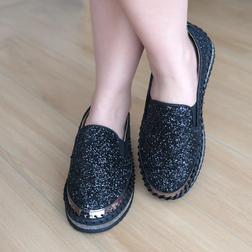 Women's Platform Rhinestones Glitter Fashion Sneakers Comfortable Slip On Flat Loafers Walking Wedding Dress Shoes Casual Shoes