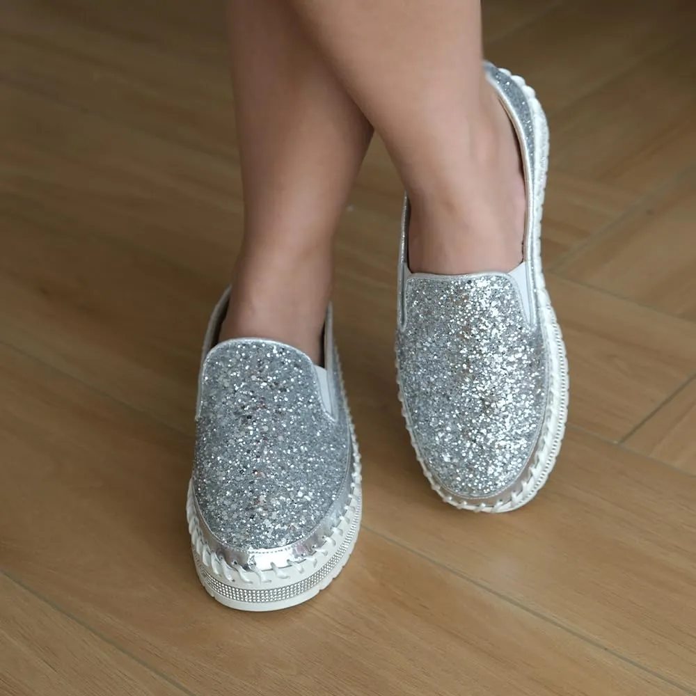 Women's Platform Rhinestones Glitter Fashion Sneakers Comfortable Slip On Flat Loafers Walking Wedding Dress Shoes Casual Shoes