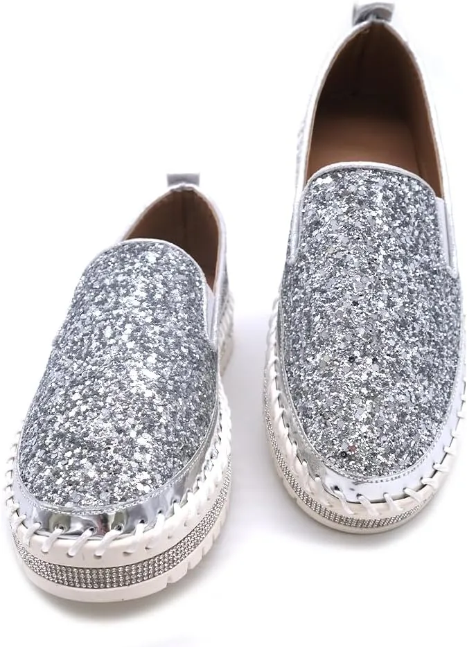 Women's Platform Rhinestones Glitter Fashion Sneakers Comfortable Slip On Flat Loafers Walking Wedding Dress Shoes Casual Shoes