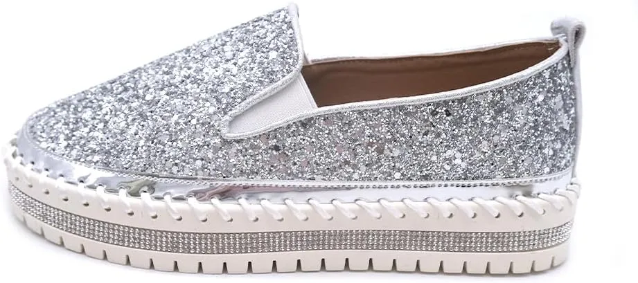 Women's Platform Rhinestones Glitter Fashion Sneakers Comfortable Slip On Flat Loafers Walking Wedding Dress Shoes Casual Shoes