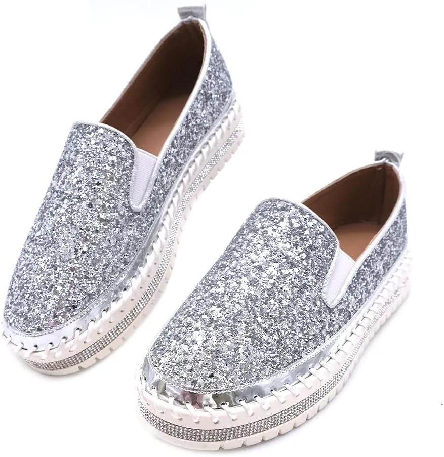 Women's Platform Rhinestones Glitter Fashion Sneakers Comfortable Slip On Flat Loafers Walking Wedding Dress Shoes Casual Shoes