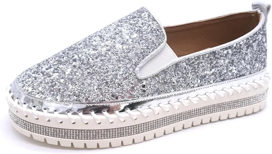 Women's Platform Rhinestones Glitter Fashion Sneakers Comfortable Slip On Flat Loafers Walking Wedding Dress Shoes Casual Shoes