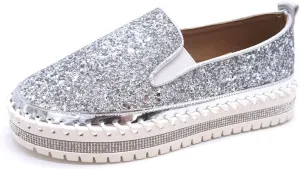 Women's Platform Rhinestones Glitter Fashion Sneakers Comfortable Slip On Flat Loafers Walking Wedding Dress Shoes Casual Shoes
