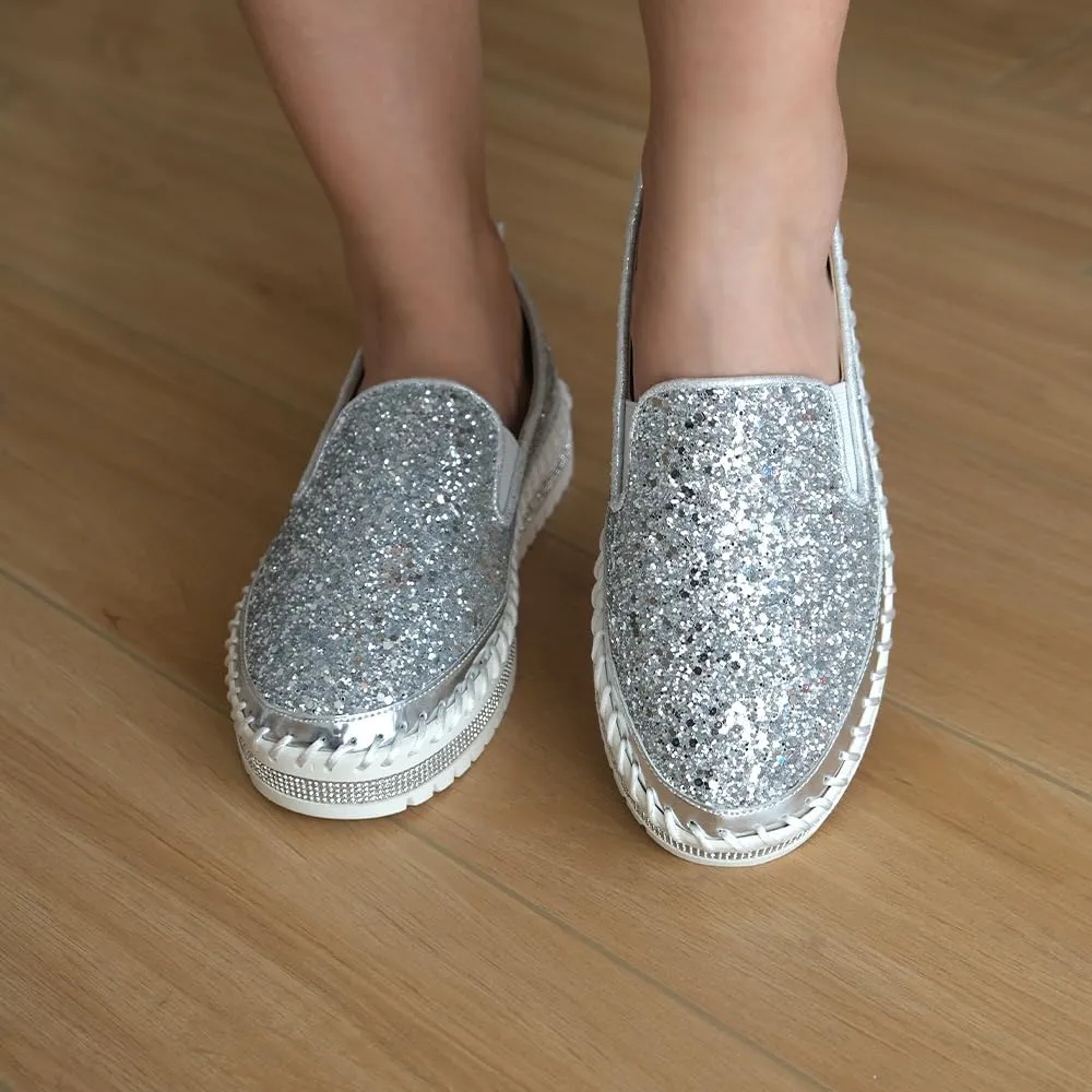 Women's Platform Rhinestones Glitter Fashion Sneakers Comfortable Slip On Flat Loafers Walking Wedding Dress Shoes Casual Shoes