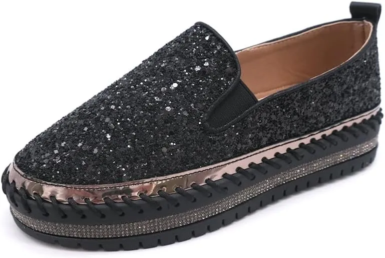 Women's Platform Rhinestones Glitter Fashion Sneakers Comfortable Slip On Flat Loafers Walking Wedding Dress Shoes Casual Shoes