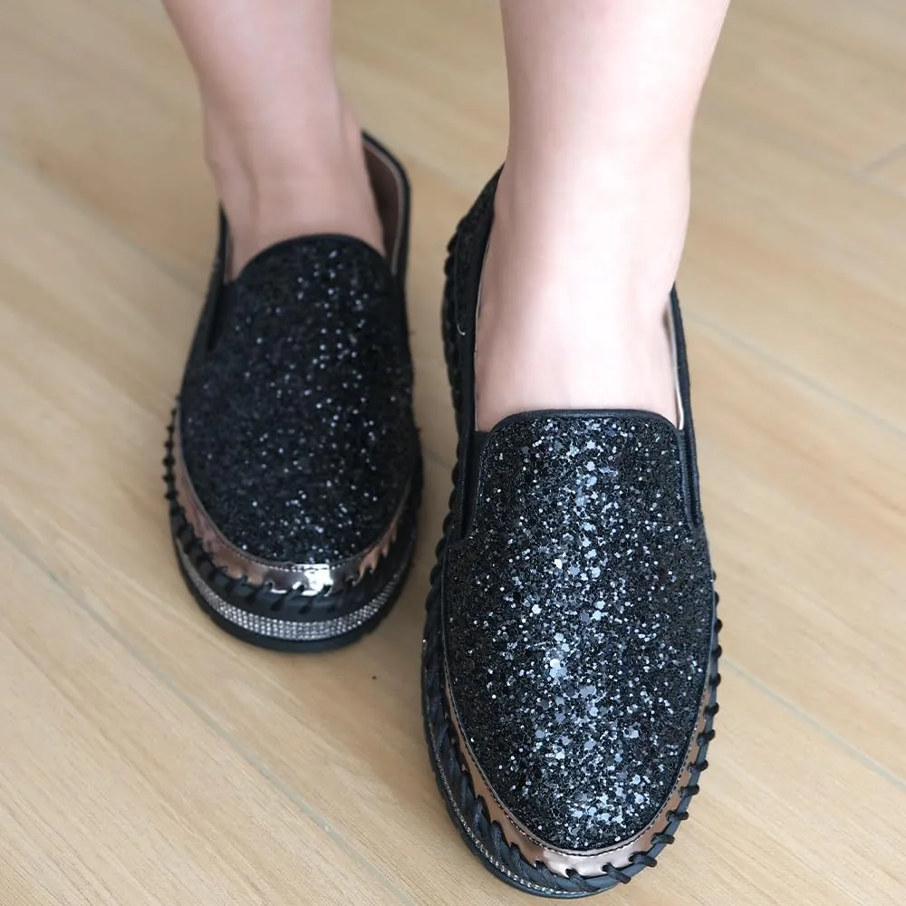 Women's Platform Rhinestones Glitter Fashion Sneakers Comfortable Slip On Flat Loafers Walking Wedding Dress Shoes Casual Shoes