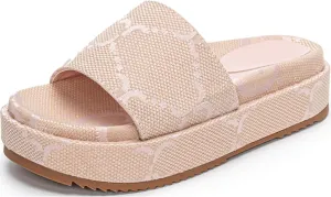 Women's Platform Sandals Comfort Slip-On Canvas Strap, Fashion Non-Slip Sole Slide Sandals for Summer