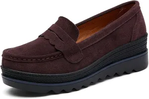 Women's Retro Suede Casual Loafers Slip-On Comfort Wedge Walking Shoes Moccasin Lightweight Non-Slip Thick Sole Boat Shoes