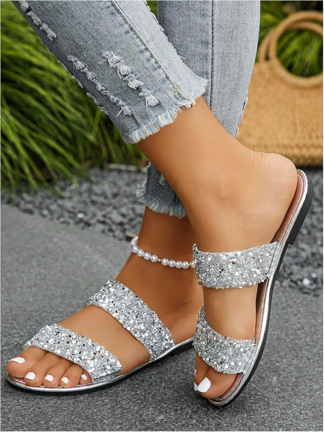 Women's Rhinestone Flat Sandal Sparkly Slip on Open Toe Slide Slippers Wedding Sandals