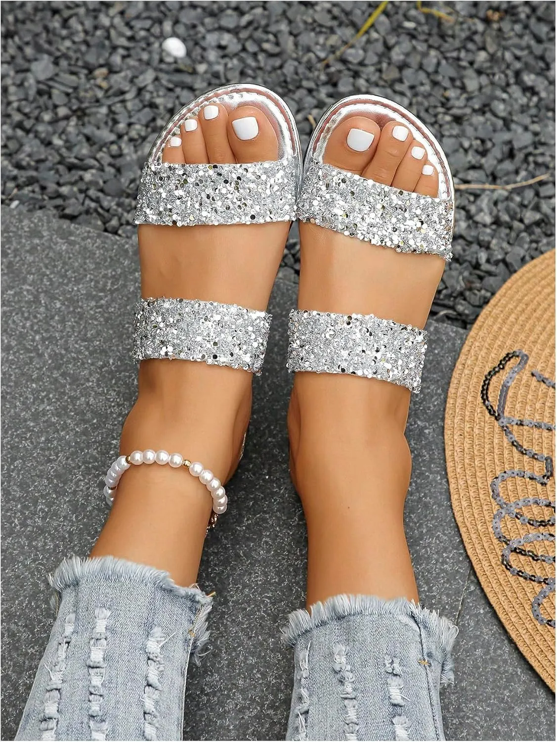 Women's Rhinestone Flat Sandal Sparkly Slip on Open Toe Slide Slippers Wedding Sandals