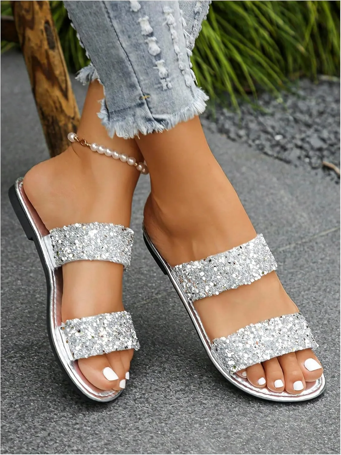 Women's Rhinestone Flat Sandal Sparkly Slip on Open Toe Slide Slippers Wedding Sandals