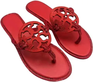 Women's Rhinestone Flip Flops Round Toe Slip-On Summer Vacation Beach Sandals Slippers Women's Flat Slide Sandal