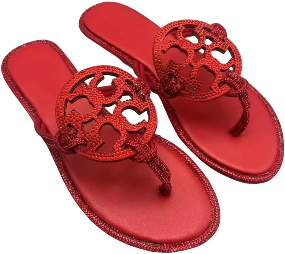 Women's Rhinestone Flip Flops Round Toe Slip-On Summer Vacation Beach Sandals Slippers Women's Flat Slide Sandal