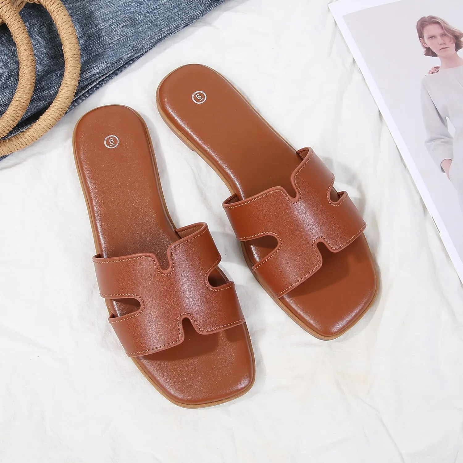 Women's Slide Sandals Comfortable Flat Slip On Leather Sandals
