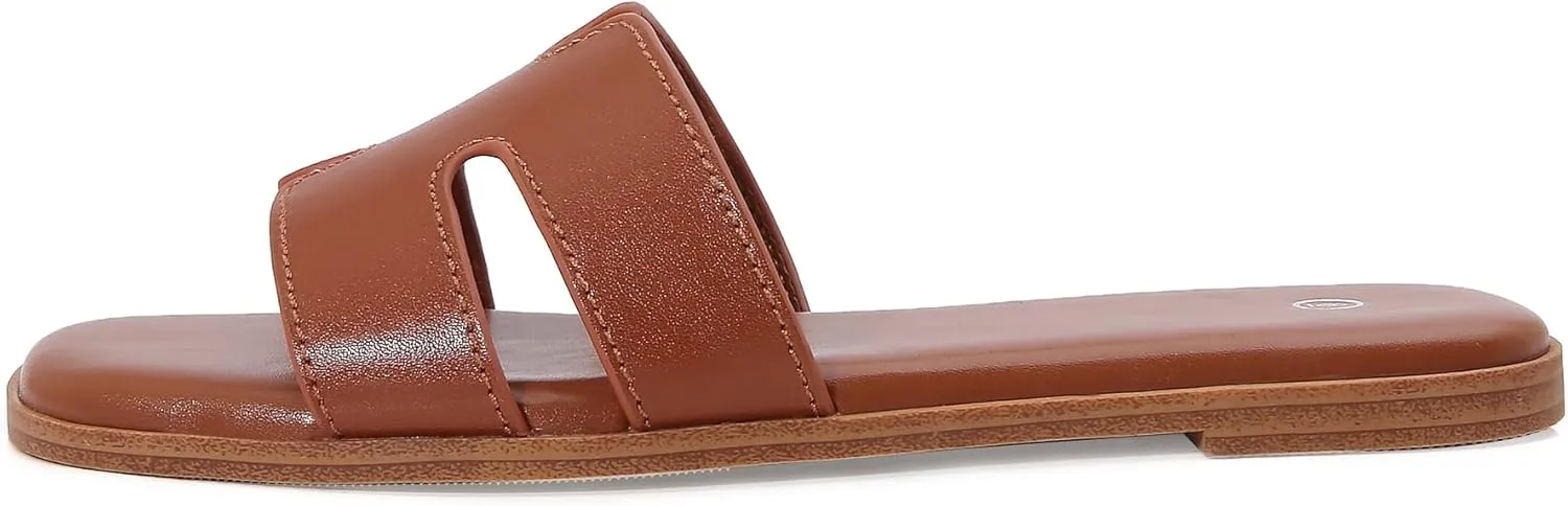 Women's Slide Sandals Comfortable Flat Slip On Leather Sandals