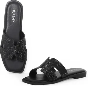 Womens Slip On Flat Sandals Soft Leather Open Toe Slide for Summer Dressy