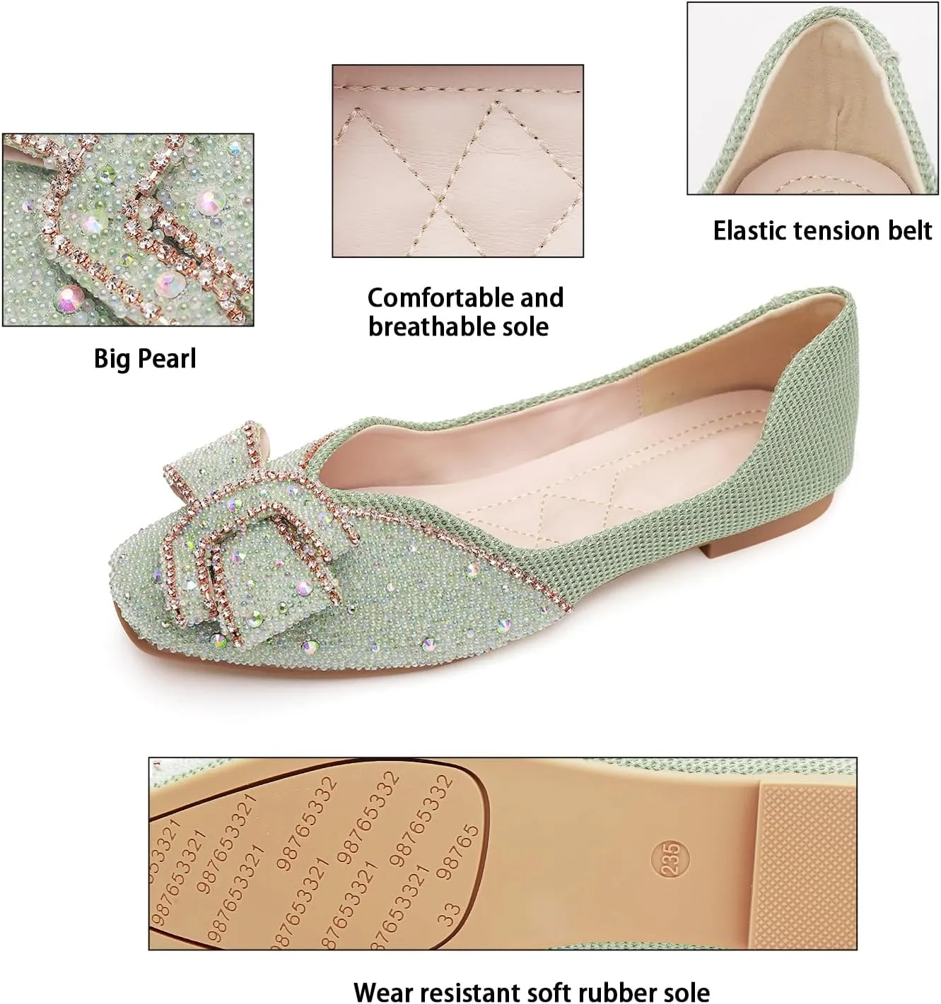 Women's Square Head Flat Shoes Fashion Glittering Rhinestone Bride Wedding Dress Shoes Comfortable Non Slip Slip on Walking Shoes