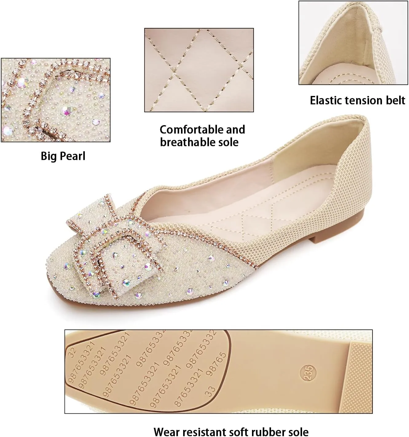 Women's Square Head Flat Shoes Fashion Glittering Rhinestone Bride Wedding Dress Shoes Comfortable Non Slip Slip on Walking Shoes
