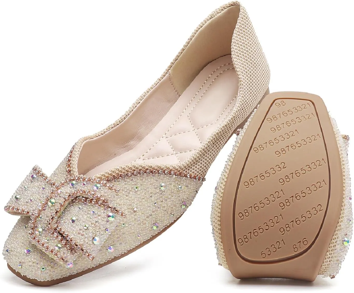 Women's Square Head Flat Shoes Fashion Glittering Rhinestone Bride Wedding Dress Shoes Comfortable Non Slip Slip on Walking Shoes