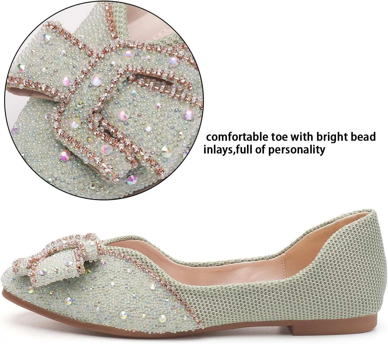 Women's Square Head Flat Shoes Fashion Glittering Rhinestone Bride Wedding Dress Shoes Comfortable Non Slip Slip on Walking Shoes